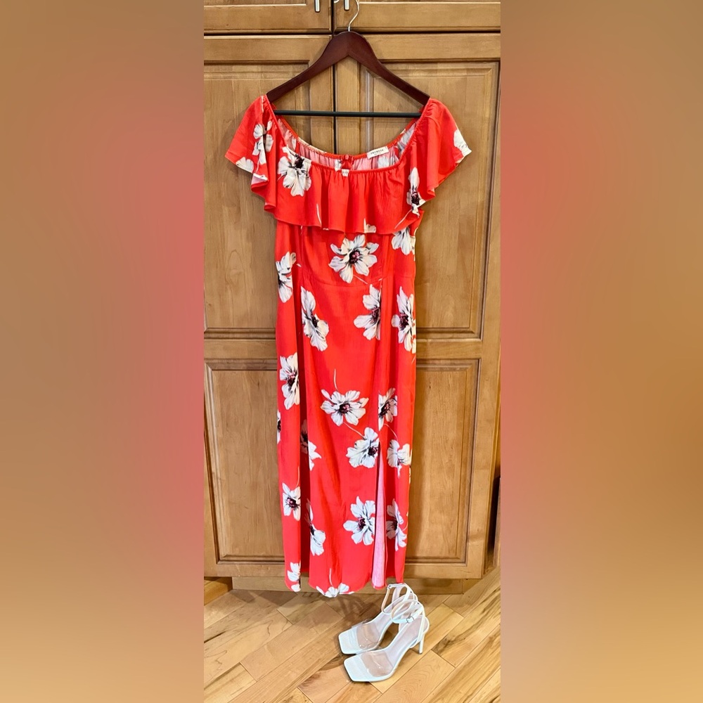 Promesa Orange & White Floral Off the Shoulder Midi Dress - Size Medium